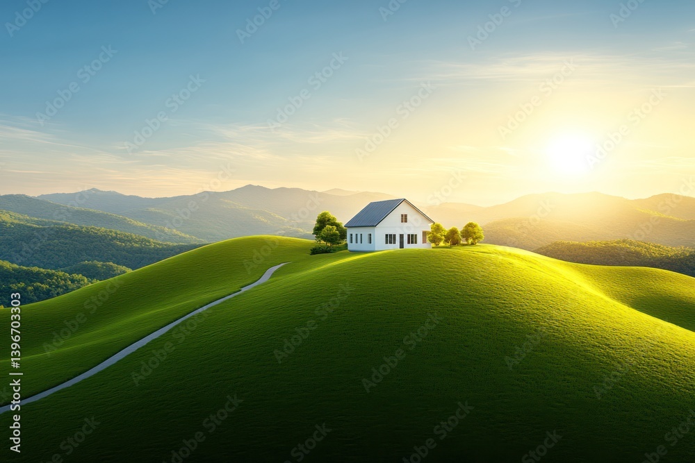 Tranquil Countryside Landscape with Sunlit Meadow, Farmhouse, Rolling Hills, Trees, and Stream. Peaceful and Harmonious Environment for a Moment of Escape.