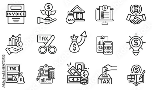 Set line icons related to accounting, audit, taxes. Outline icon collection. Business symbols. Editable stroke. Vector illustration	