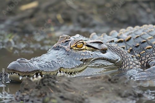 A Cuban crocodile lurking in Zapata Swamp, aggressive and rare, golden eyes reflecting in