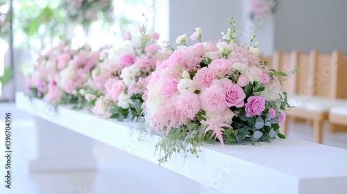 Elegant floral arrangements on a white platform