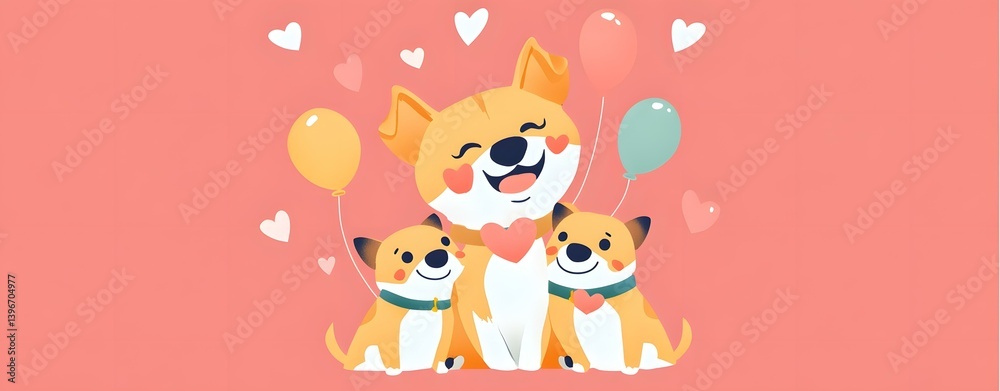 A heartwarming illustration of a mother corgi and her puppies surrounded by heart-shaped balloons A heartwarming illustration of a mother corgi and her puppies surrounded by heart-shaped balloons