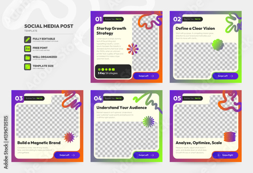 Social media carousel post template. Business Instagram and facebook square post template. Instagram tips post collection tutorial, tip, trick, quick tips, layout template design