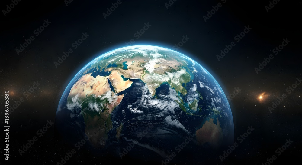 Fototapeta premium Earthrise View Showing Asia and Africa with Glowing Galaxies