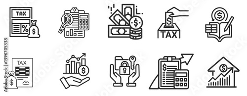 Set line icons related to accounting, audit, taxes. Outline icon collection. Business symbols. Editable stroke. Vector illustration