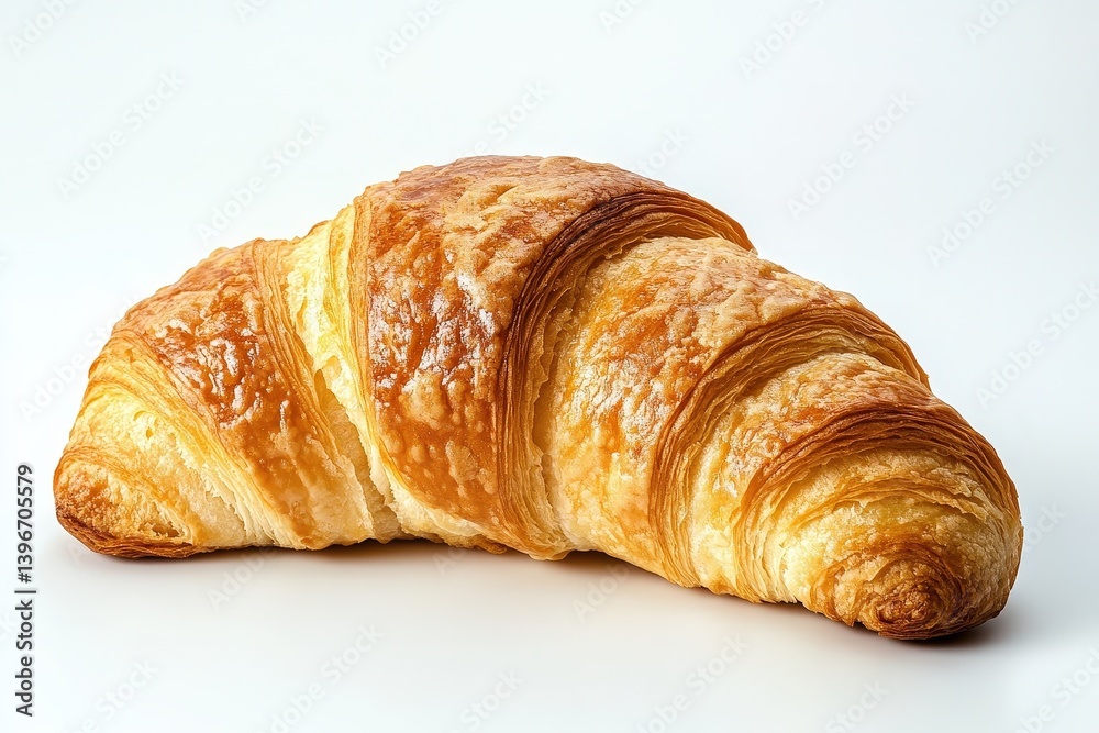 A golden brown buttery croissant on a plain white background A golden brown buttery croissant on a plain white background