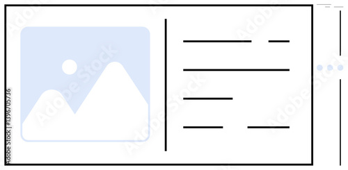 Simple layout featuring a large image placeholder on the left and aligned lines representing text on the right. Ideal for web design, wireframe creation, blog profiling, portfolio presentation