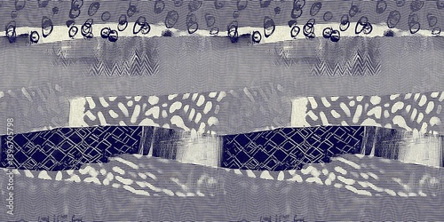 Seamless indigo blue woven grunge dye border pattern. Irregular boro effect dye washed out resist banner background. Block print woven style for trendy vintage wash tape edging trim textures.