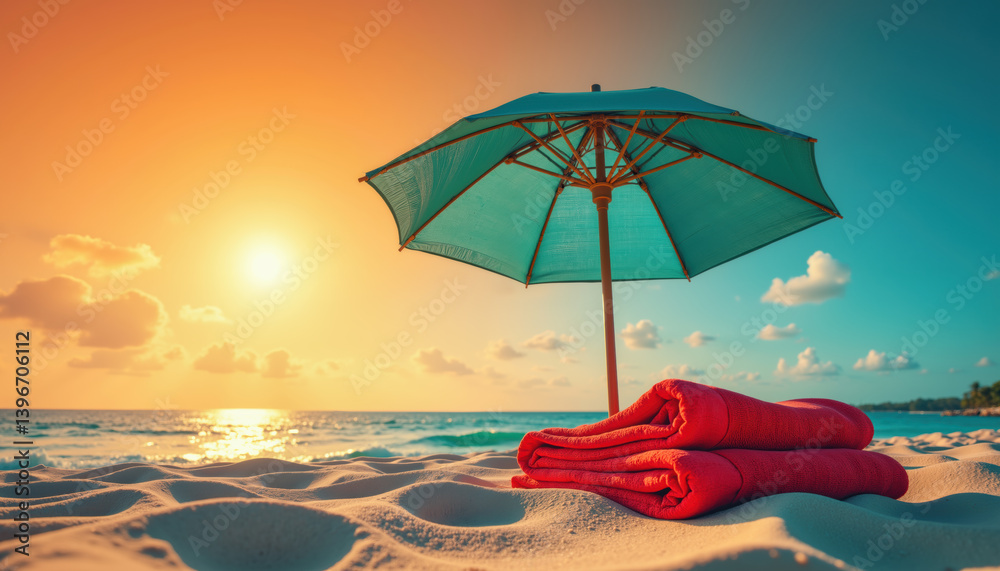 A tranquil beach scene at sunrise, featuring a turquoise umbrella and neatly folded red towels on pristine white sand.
