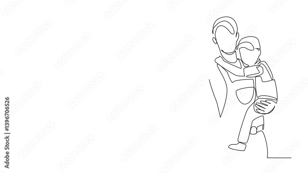 Animated self drawing of continuous line drawing male plumber giving thumbs up gesture while holding son. Let go of longing with hug. National Hug A Plumber Day. Full length single line animation Animated self drawing of continuous line drawing male plumber giving thumbs up gesture while holding son. Let go of longing with hug. National Hug A Plumber Day. Full length single line animation