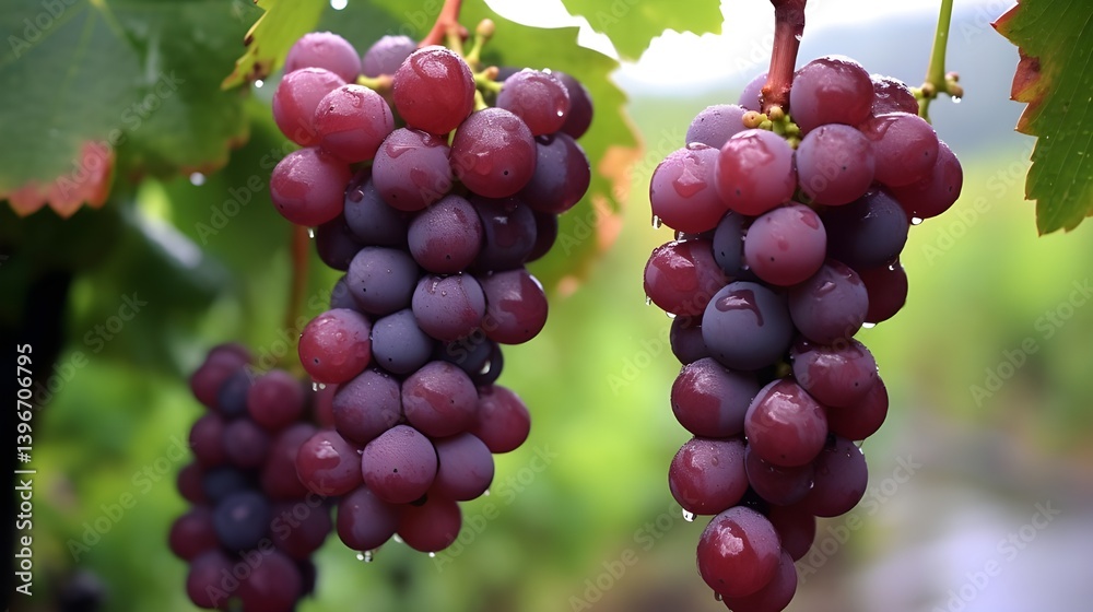 A bunch of ripe red grapes hanging on the vine in a lush grape farm, with droplets of water on the grapes, captured in stunning HD quality. A bunch of ripe red grapes hanging on the vine in a lush grape farm, with droplets of water on the grapes, captured in stunning HD quality.