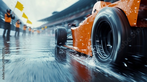 Obraz na płótnie Dynamic Race Car Splashing Through Rainy Track While Spectators Wave Flags in Background w salonie