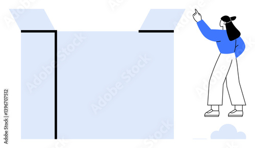 Open box with contrasts and a person gesturing with curiosity. Ideal for innovation, discovery, creativity, solutions, teamwork, problem-solving, opportunities. Encapsulates flat simple metaphor