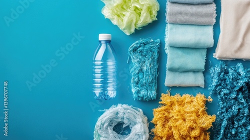 Empty plastic bottle and various fabrics made of recycled polyester fiber on a blue background