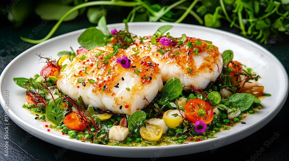 Panseared cod with spring salad. Panseared cod with spring salad.