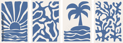 Set of geometric vintage posters .Minimalist blue poster of palm trees on an island, sunset, coral, water.