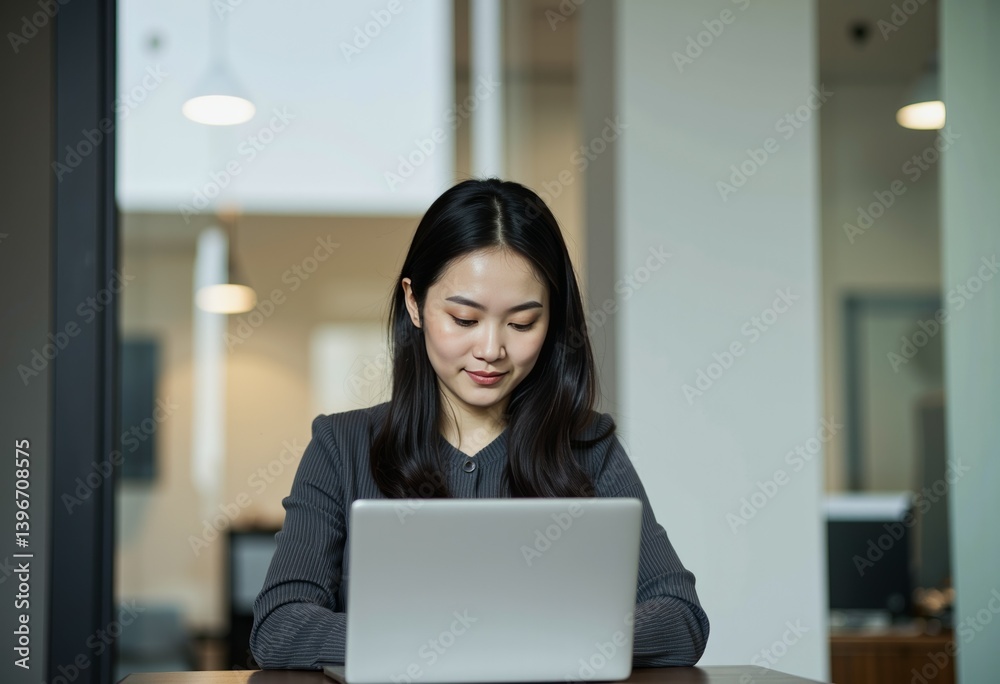 Professional woman enjoying work on laptop in modern office Professional woman enjoying work on laptop in modern office