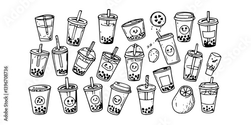 Set of milk tea and drinks doodle illustration with black and white color
