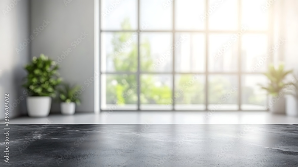 Fototapeta premium Modern interior with a sleek black countertop, large windows showcasing a cityscape, and greenery