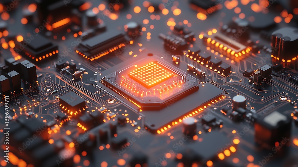 Circuit board extreme close-up with copper wiring and integrated circuits, orange LED blinking in the center, surrounded by shadows. Industrial atmosphere. Created Using: low-key lighting, Circuit board extreme close-up with copper wiring and integrated circuits, orange LED blinking in the center, surrounded by shadows. Industrial atmosphere. Created Using: low-key lighting,