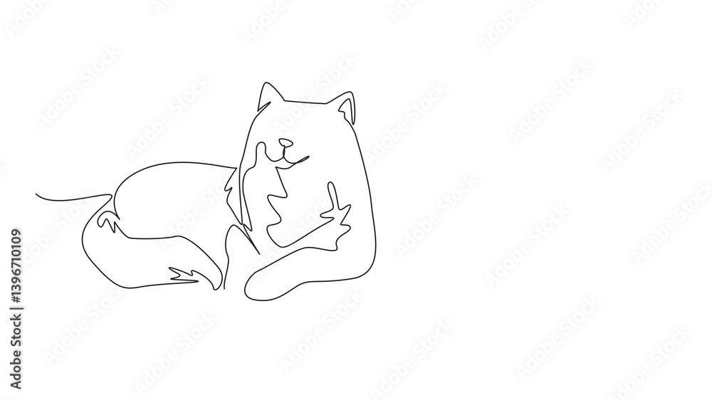 Animation of single line drawing cat lying down with fur and hairball. Prevents health problems. Blockage. National Hairball Awareness Day. Continuous line self drawing animated. Full length motion