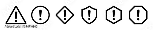 Set of warning icons. Set of exclamation marks in various shape , circle, shield, hexagon, octagon, and triangle. Set of vector icons for UI, signs, alerts, safety, icons, vector, symbols.