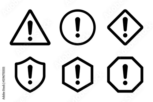 Set of warning icons. Set of exclamation marks in various shape , circle, shield, hexagon, octagon, and triangle. Set of vector icons for UI, signs, alerts, safety, icons, vector,.