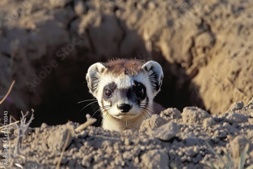 A black footed ferret peeking from a prairie dog burrow, masked face curious, once declared extinct but