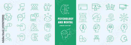 Mental health icon set. Collection of meditation, anger, anxiety, psychosis, depression and more. Vector illustration. Editable stroke