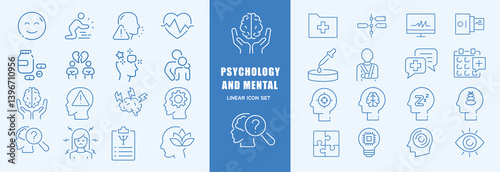 Mental health icons set. Containing depression, anxiety, stress, mental care, empathy, loneliness, bipolar, PTSD, psychology symbol, panic, mind disorder and more. Vector illustration