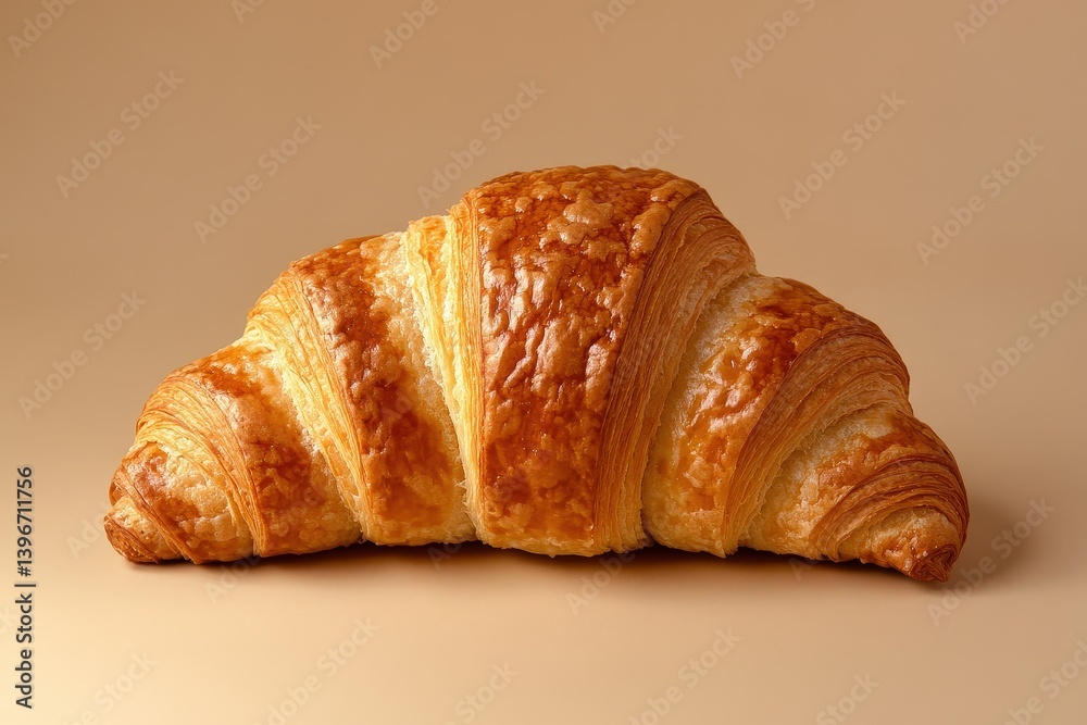 A golden croissant sits alone against a plain neutral colored backdrop A golden croissant sits alone against a plain neutral colored backdrop
