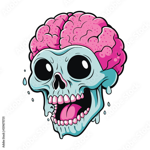 Cartoon Exploding Brain Skull with Pink Tongue