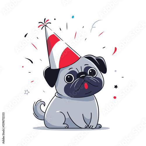 Adorable pug cartoon vector wearing a red and white party hat, surrounded by festive confetti and celebration vibes.
