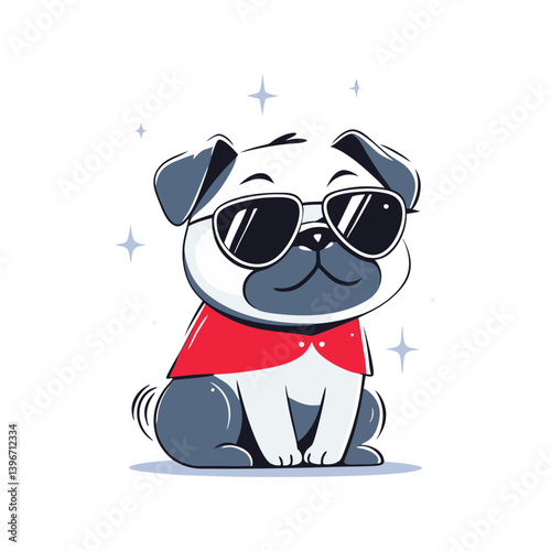 Cool white pug cartoon vector with black sunglasses and red cape, sitting confidently with sparkles around.