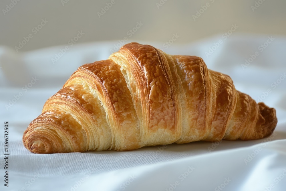 A single golden croissant displayed delicately on a white surface A single golden croissant displayed delicately on a white surface