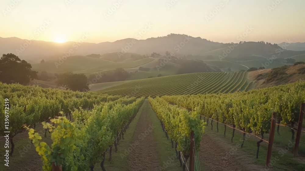 Fototapeta premium Golden Sunrise Over Rolling Vineyard Hills Rows of Green Grapes Vines in Cultivation and Agriculture Landscape in Rural Countryside Under Clear Blue Sky