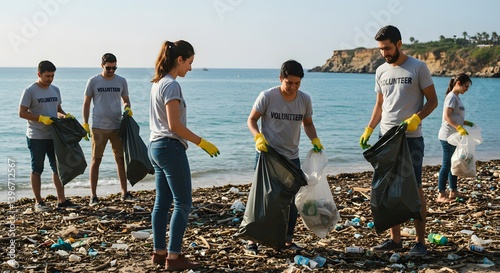 Fototapeta Naklejka Na Ścianę i Meble -  Volunteers wearing gray t-shirts and yellow gloves are collecting garbage on a beach full of plastic waste, working together to clean up the environment and protect marine life