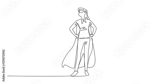 Self drawing animation of continuous one line drawing mother and son stood and both hands held their waists. Two superheroes in a compact pose. Super family. Autism Super Mom Day. Full length animated