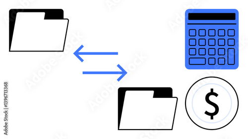 Two folders with arrow indicators, calculator, and dollar symbol highlight file transfer, financial management, data analysis. Ideal for business, accounting, finance, budgeting workflow auditing