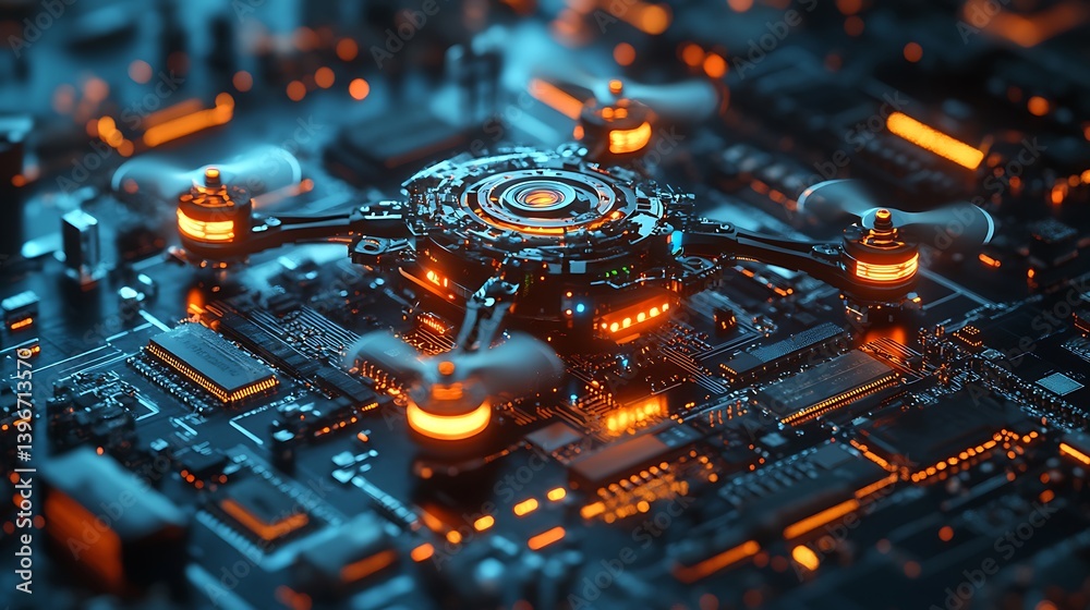 Fototapeta premium Macro of drone rotor spinning in laboratory setting, surrounded by circuit boards and light sensors. Cool fluorescent lighting and highly reflective surfaces dominate the background.