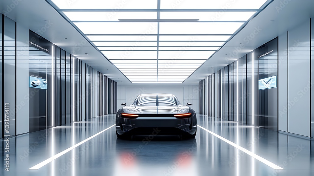 Fototapeta premium Minimalist car showroom interior with a single autonomous car in the center, smart glass walls displaying location-based holographic routes. Natural light floods from overhead skylights.