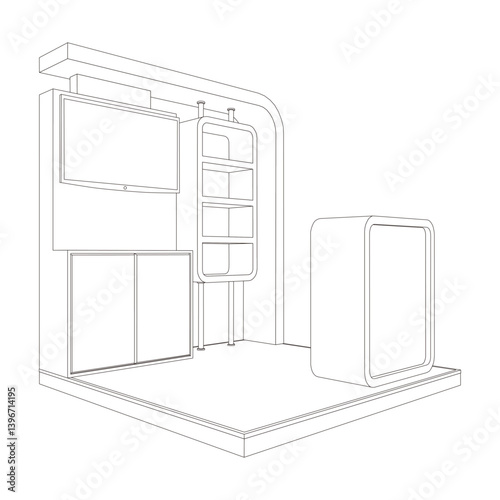 3d illustration stand booth 2x2 m simple minimalis design with blank LED TV screen logo company for event exhibition. Vector editable sketch outline drawing coloring isolated background.