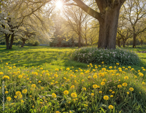 Sunbeams illuminate dandelions on a green lawn in a spring garden. Scenic image of charming garden in spring time. Flowering orchard in the morning. Fantastic photo wallpaper. Beauty of earth.