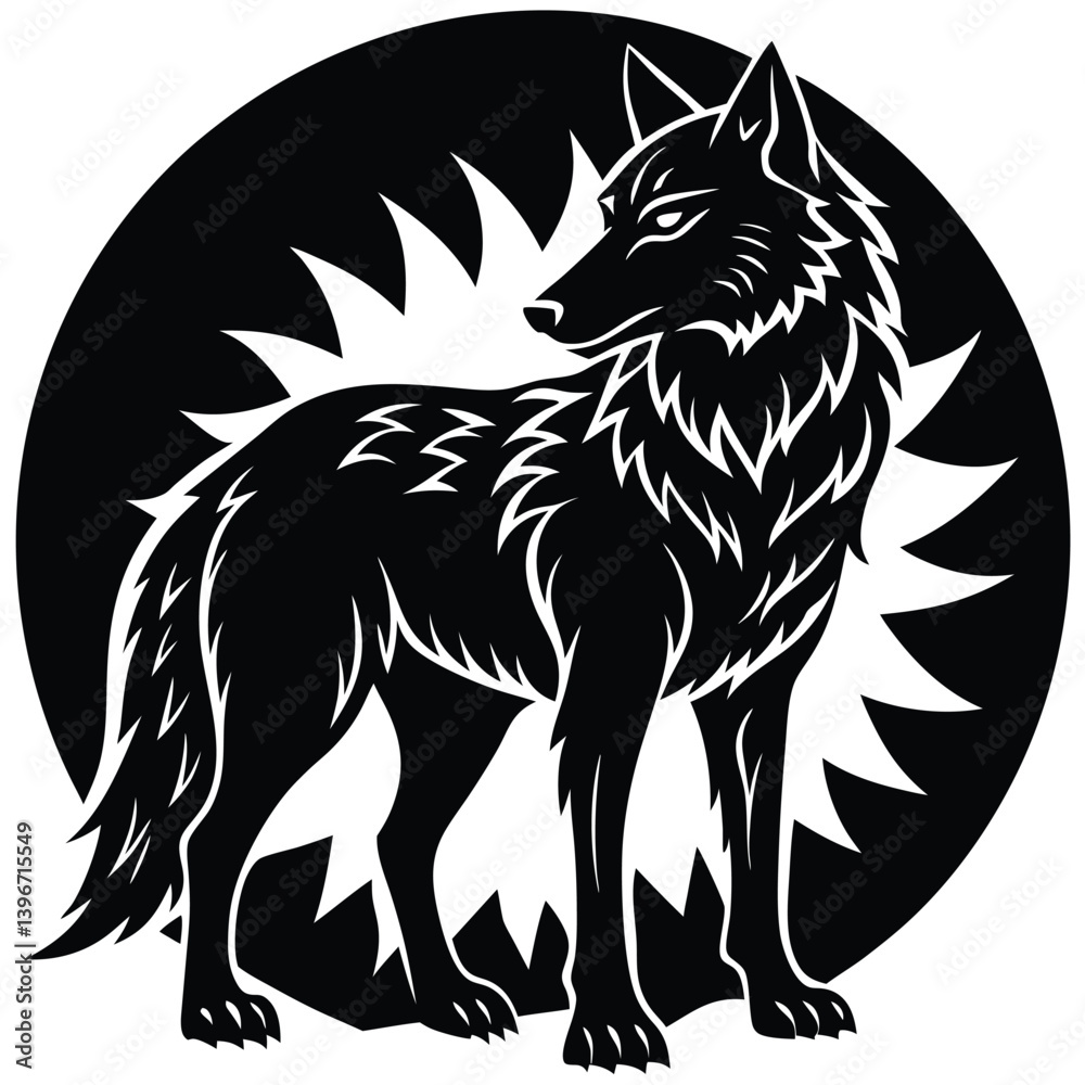 Fototapeta premium Wild wolf head vector illustration, a black and white canine animal drawing