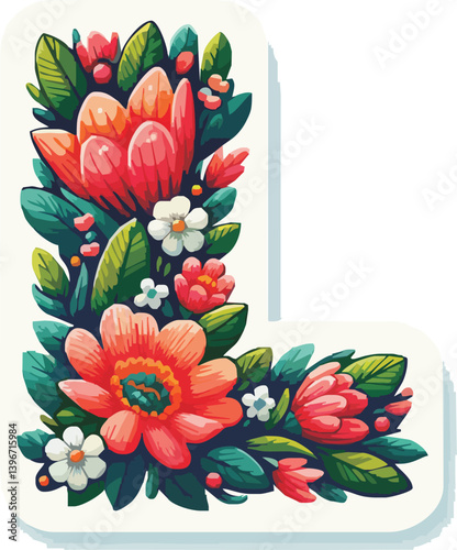 Doodle flower letter L. Floral element of colorful alphabet made from flowers