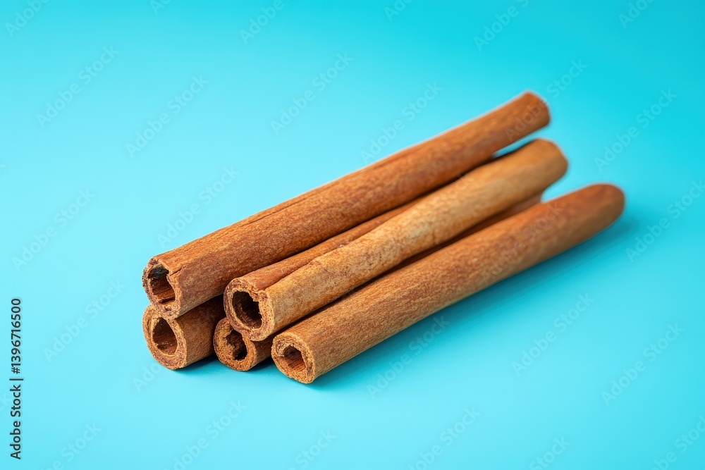 Several cinnamon sticks stacked together against a bright blue background Several cinnamon sticks stacked together against a bright blue background