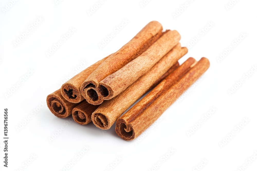 Several cinnamon sticks piled in a small heap on a white surface Several cinnamon sticks piled in a small heap on a white surface