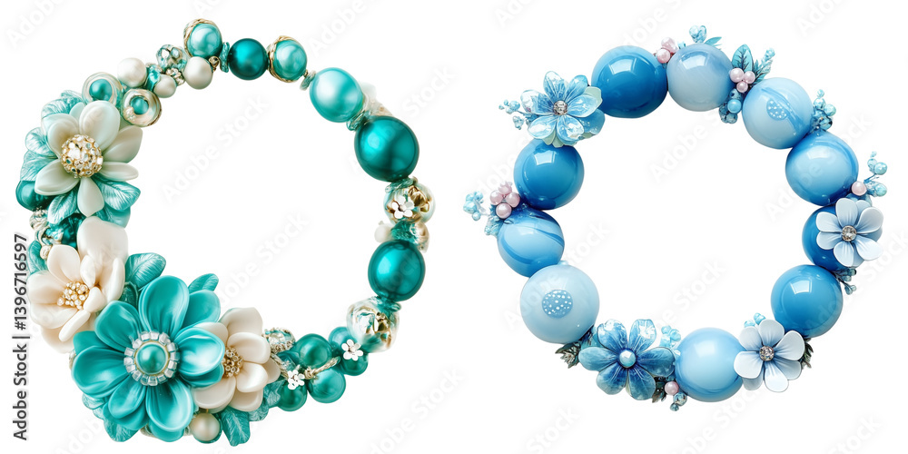 Set of a Beautiful turquoise beaded bracelet with flowers, isolated on transparent background. Set of a Beautiful turquoise beaded bracelet with flowers, isolated on transparent background.
