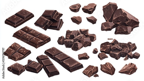 Assorted dark chocolate bars and chunks scattered on a white background in a detailed illustration