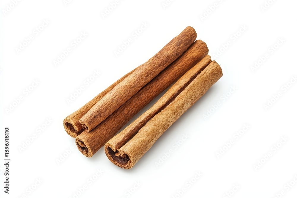 Close up image of several brown cinnamon sticks on white Close up image of several brown cinnamon sticks on white