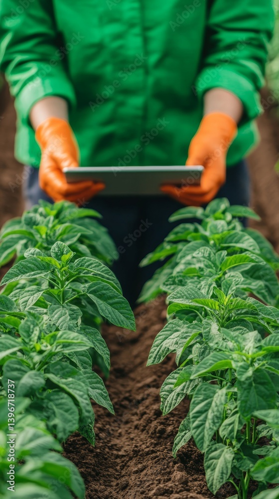 Fototapeta premium Digital Agriculture Interface in a Farm Setting with a Person Using a Tablet Device